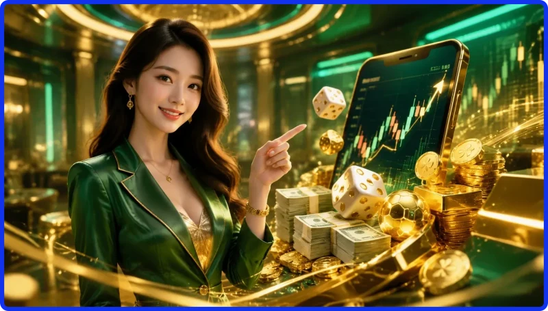 Hình ảnh thể hiện thuật toán tài xỉu SV388 với xúc xắc kỹ thuật số và luồng dữ liệu phức tạp